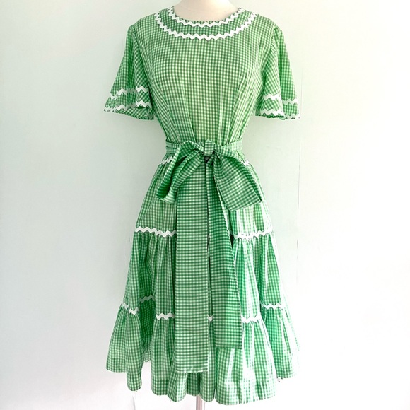 Vintage 60’s green & white gingham plaid country western square dance dress - Picture 2 of 8